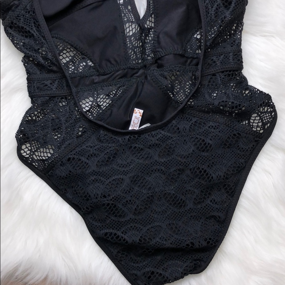 BECCA PLUNGING ONE PIECE CROCHET SWIMSUIT BLACK - Picture 3 of 4